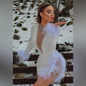 CBR CHIC CELEB FUR MINI PARTY DRESS-WHITE